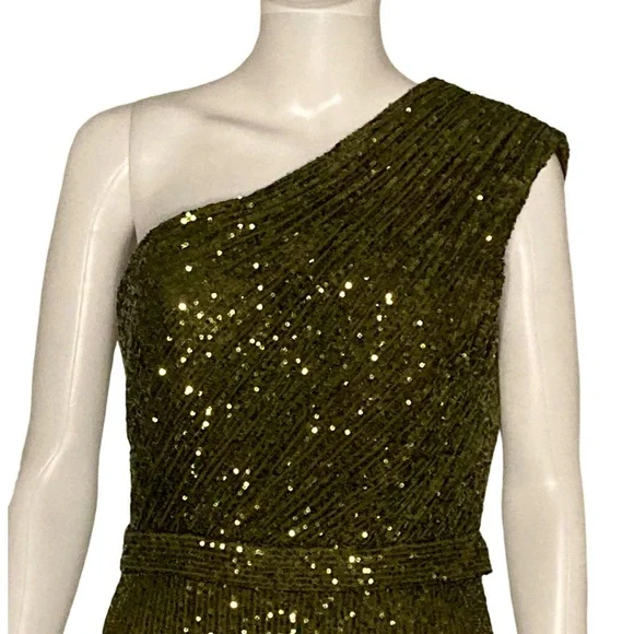 NWT Ieena for Mac Duggal 26694 Olive Sequined Ruched One Shoulder Gown - Sz 8 - Picture 6 of 12